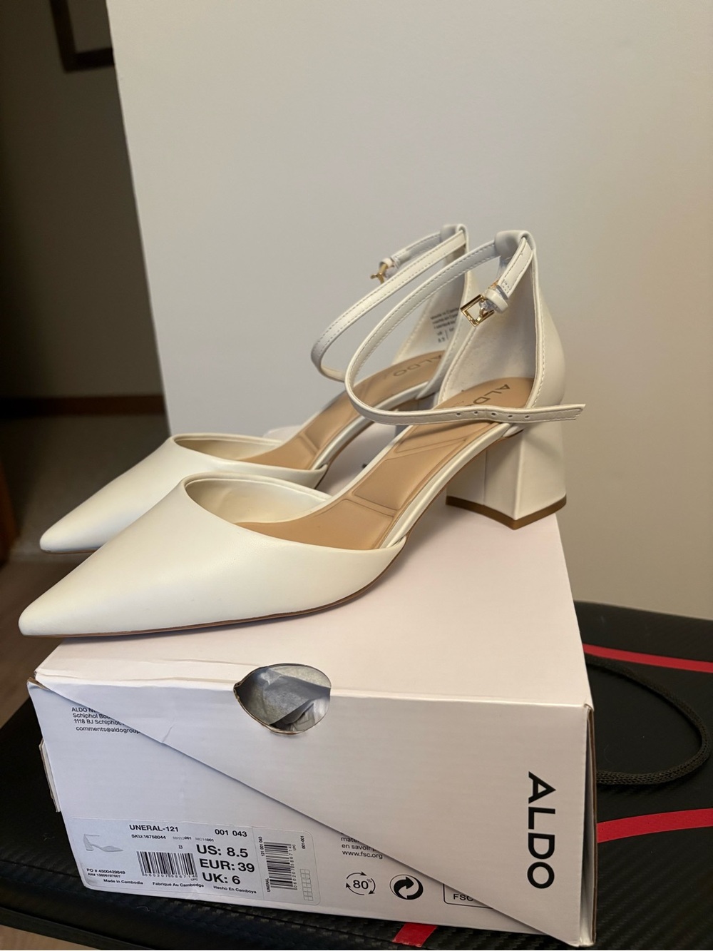 Aldo Cream Pointed Block Heel Ankle-Strap Pumps